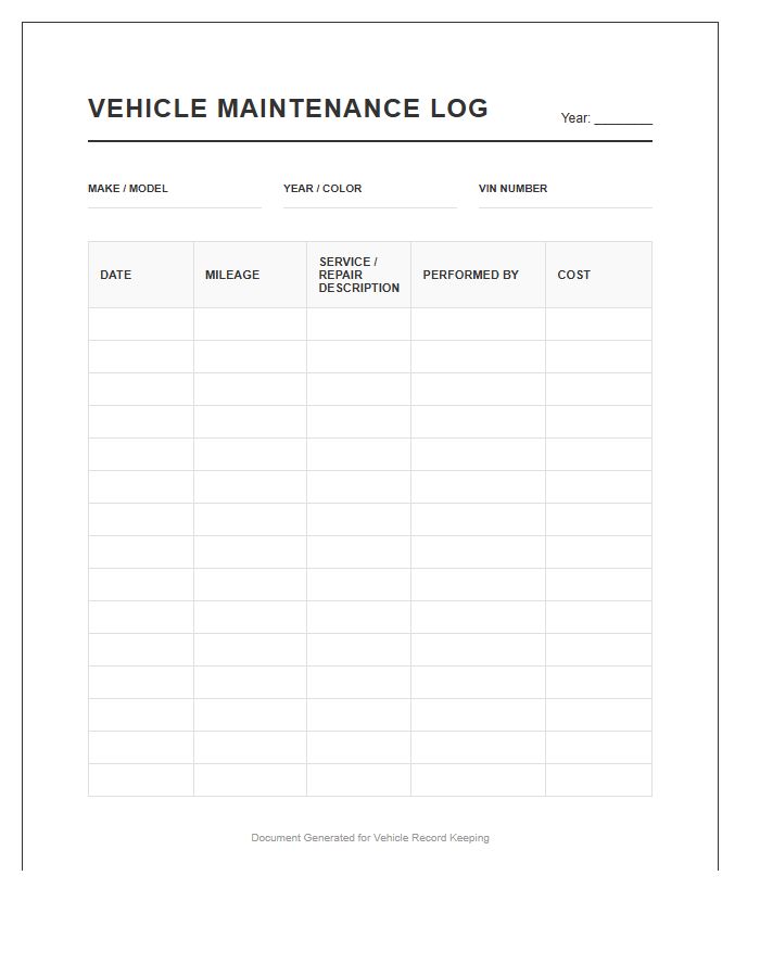 Printable Vehicle Repair And Maintenance Log Chart