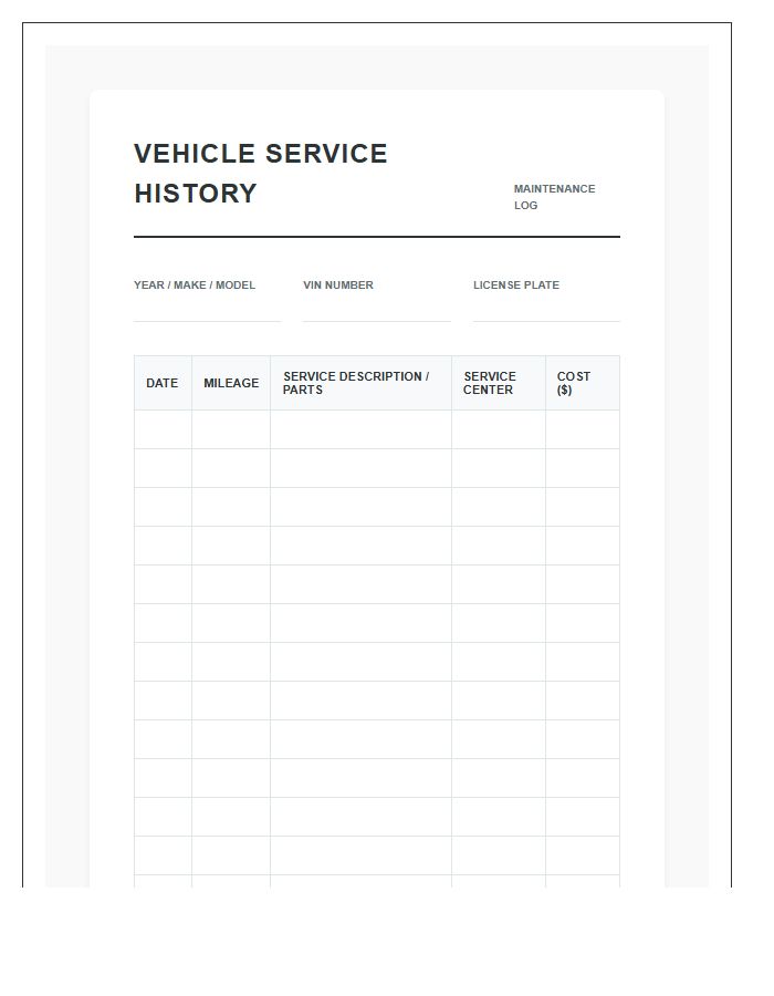Vehicle Service History Record Keeping Chart Printable