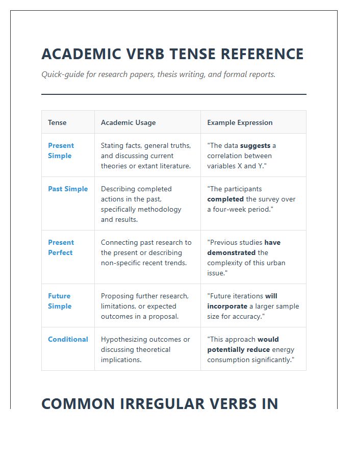 Academic Writing Printable Verb Conjugation Reference Chart