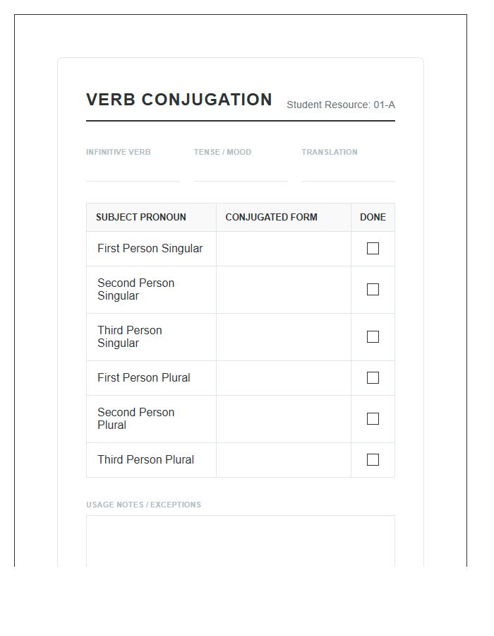 Student Resource Printable Verb Conjugation Chart Checklist
