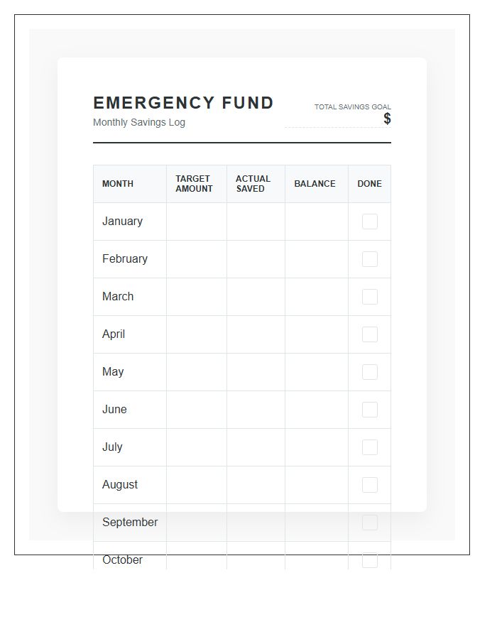 Emergency Fund Monthly Savings Printable Chart