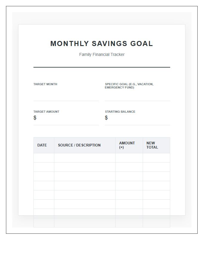 Family Monthly Savings Goal Printable Chart
