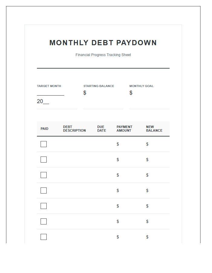 Monthly Debt Paydown Savings Printable Chart