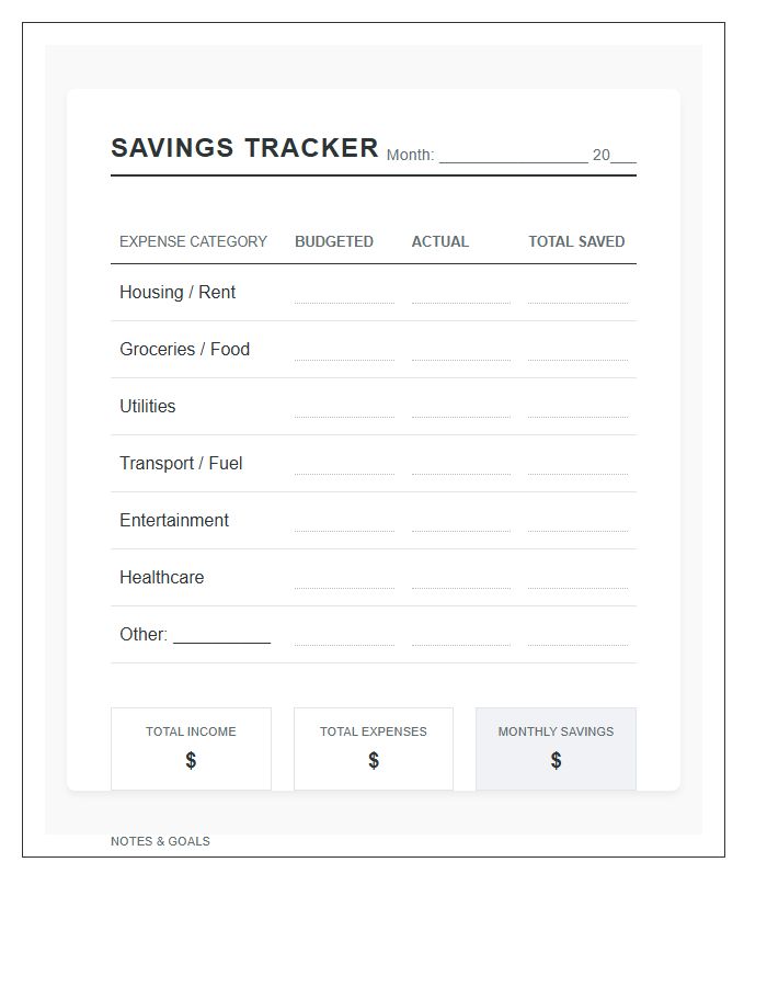 Monthly Expense Savings Tracker Printable Chart