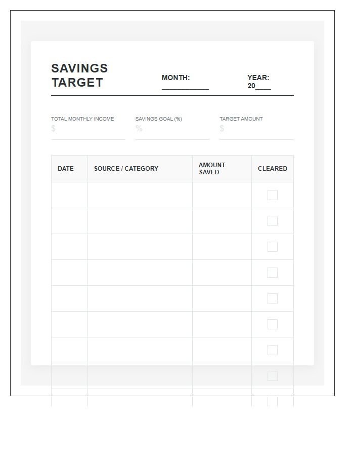 Monthly Income Savings Target Printable Chart