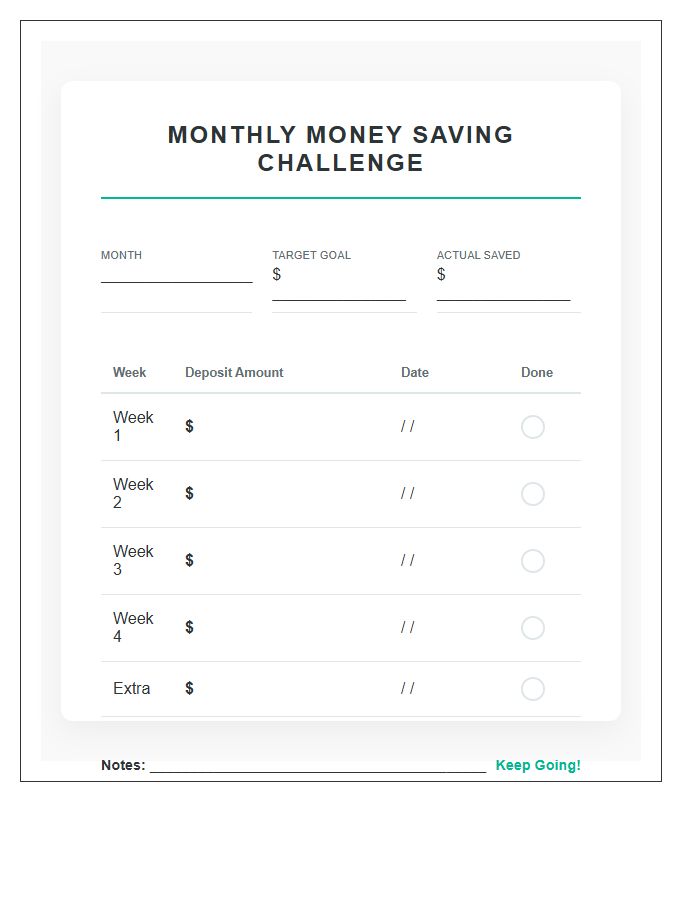 Monthly Money Saving Challenge Printable Chart