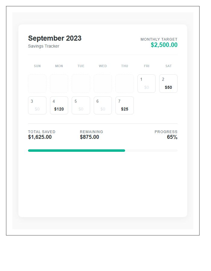Personal Savings Goal Monthly Calendar Chart