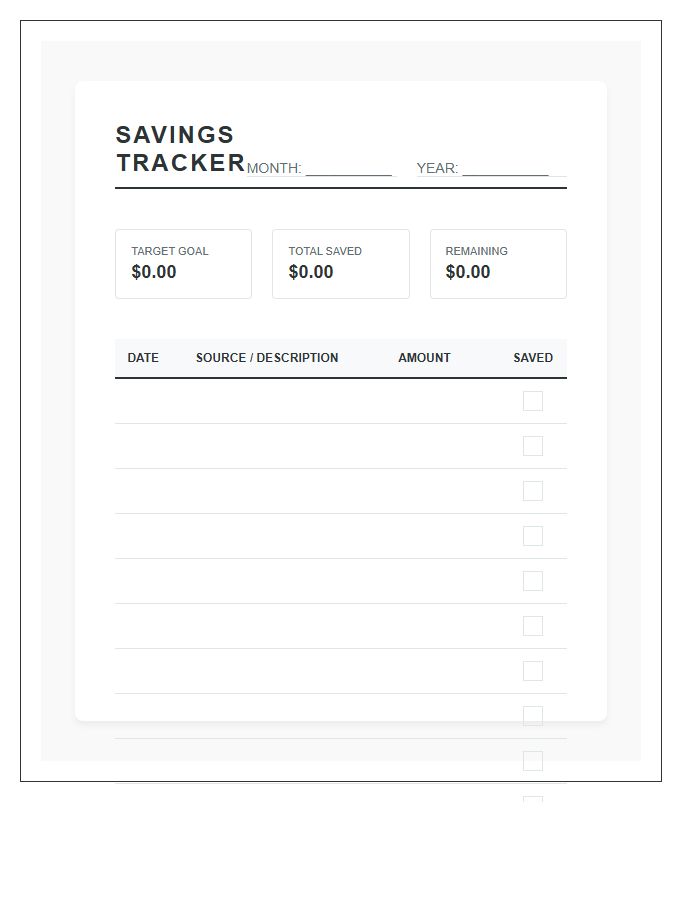 Printable Monthly Financial Savings Goal Chart