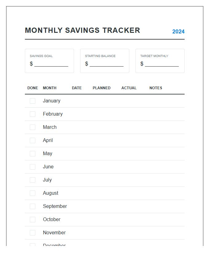 Printable Monthly Savings Deposit Tracking Chart