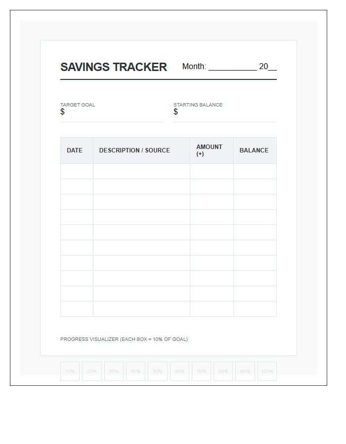 Printable Monthly Savings Goal Tracking Chart