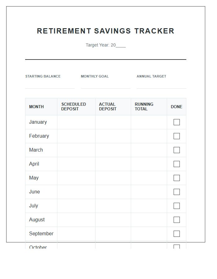 Retirement Fund Monthly Savings Printable Chart