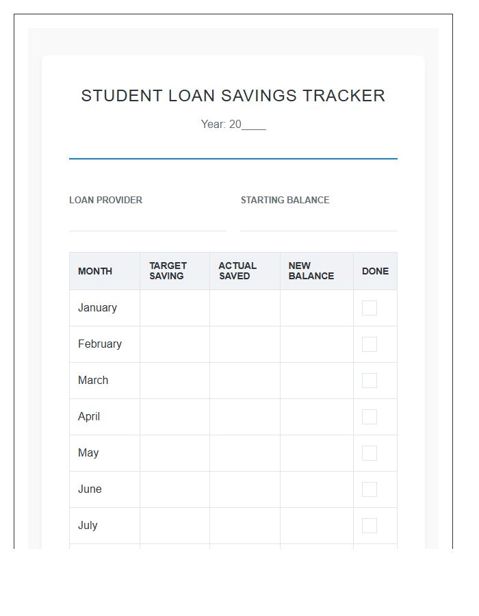 Student Loan Savings Monthly Printable Chart