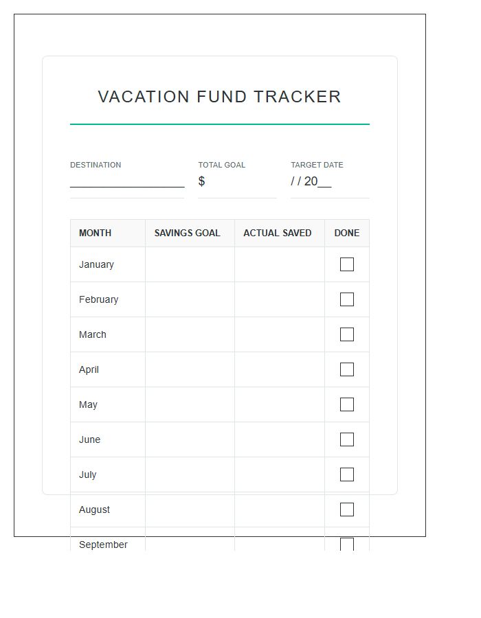 Vacation Fund Monthly Savings Printable Chart
