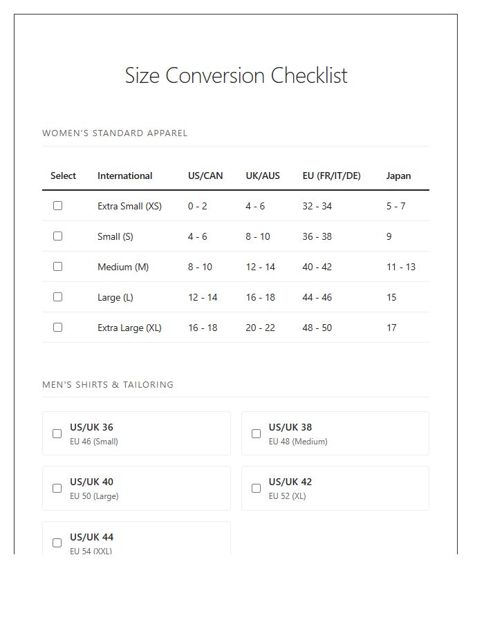 Comprehensive International Clothing Size Conversion Chart Checklist
