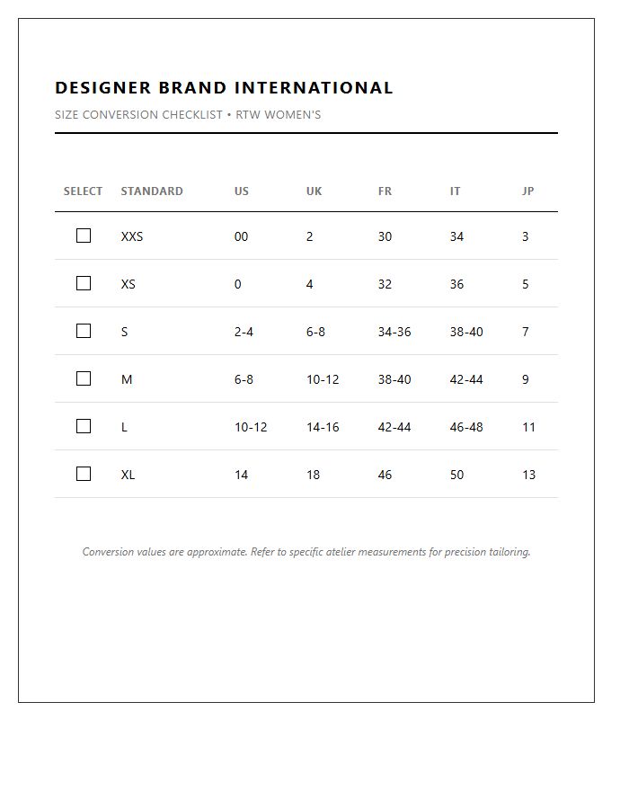 Designer Brand International Clothing Size Conversion Chart Checklist