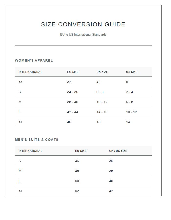 European To US Clothing Size Conversion Chart Printable