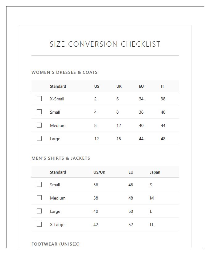Global Clothing Size Conversion Chart Printable Checklist