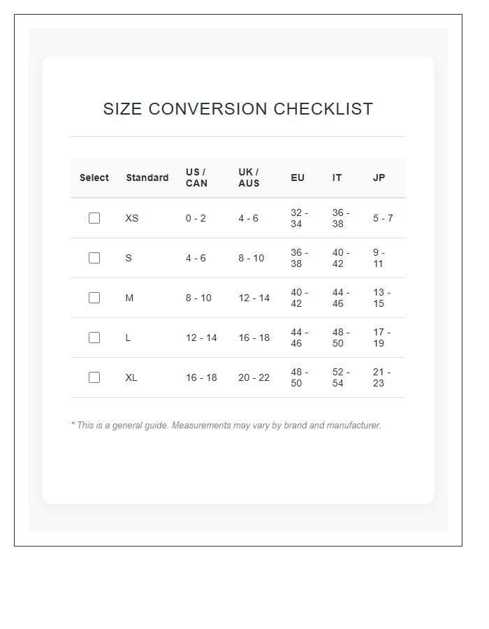 International Women’s Clothing Size Conversion Chart Checklist