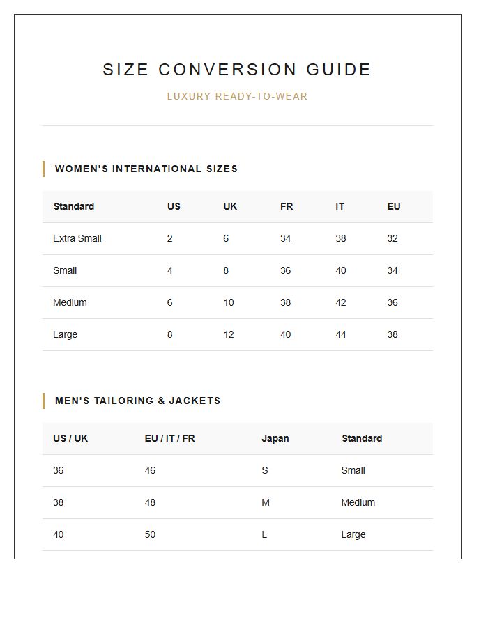 Luxury International Clothing Size Conversion Chart Checklist