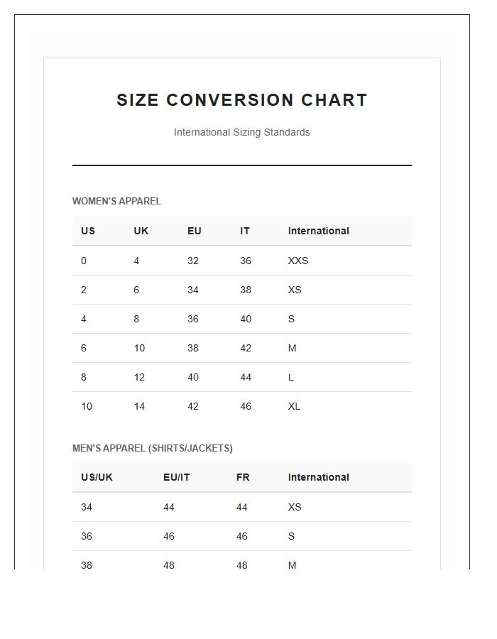 Multi National Clothing Size Conversion Chart Printable