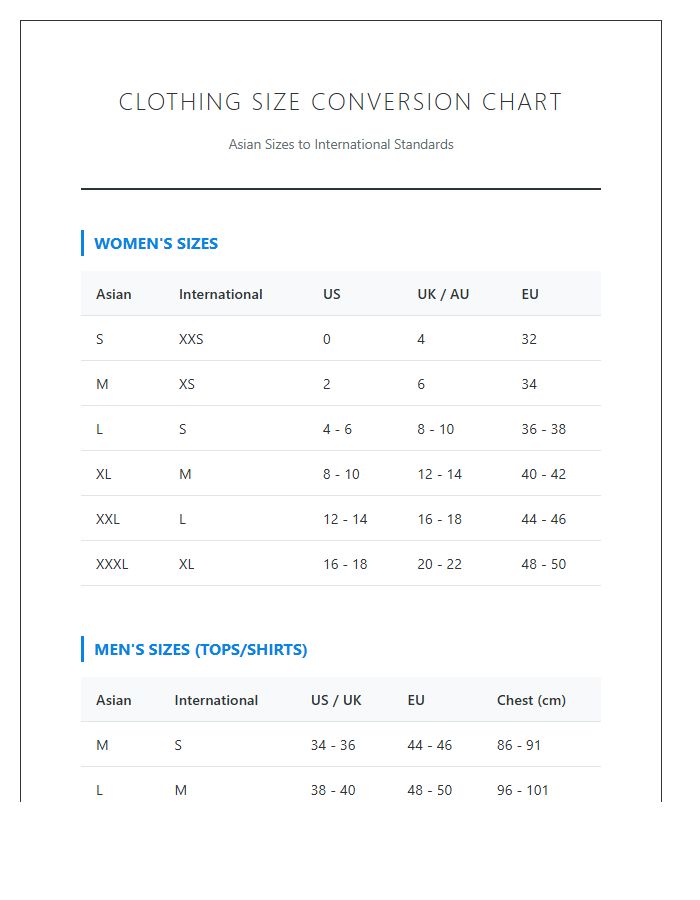 Printable Asian To International Clothing Size Conversion Chart