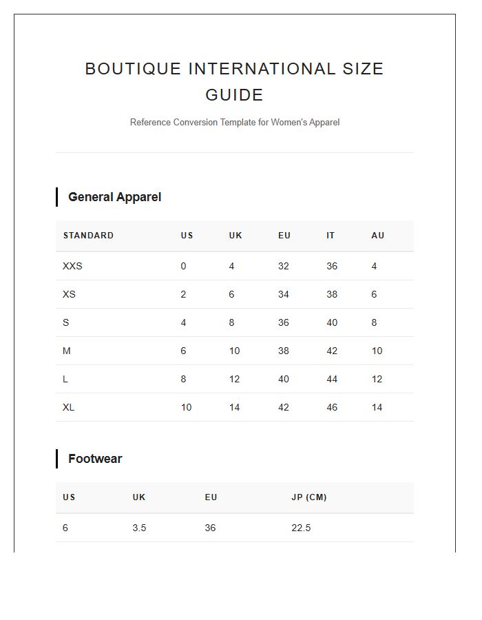 Printable Boutique International Clothing Size Conversion Chart