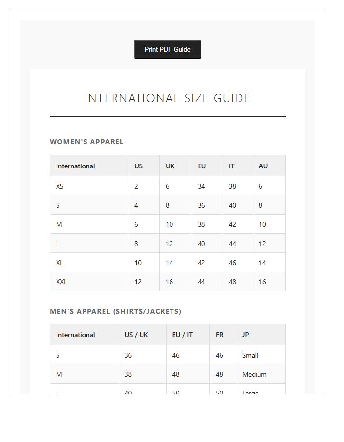 Printable International Clothing Size Conversion Chart Guide