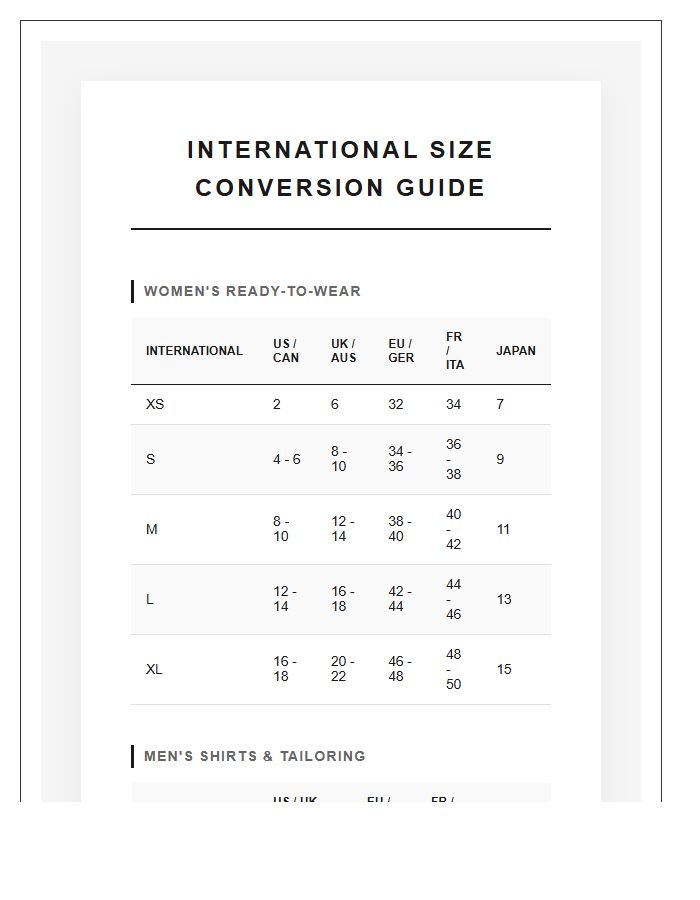 Professional International Clothing Size Conversion Chart Printable