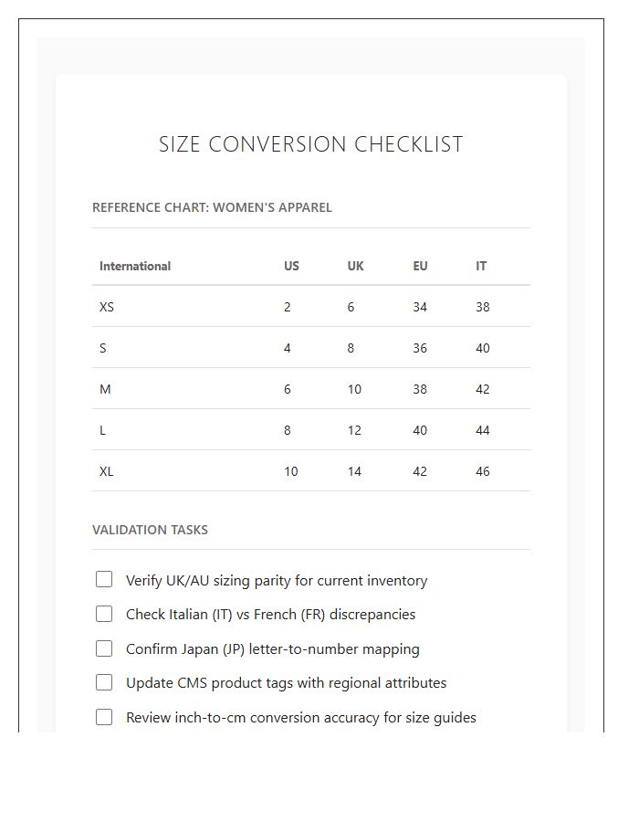 Retail International Clothing Size Conversion Chart Checklist