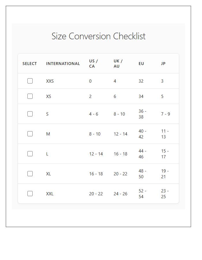 Standard International Clothing Size Conversion Chart Checklist