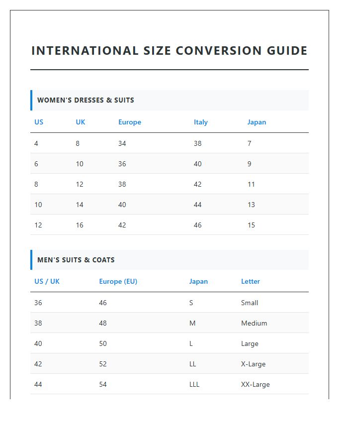 Travel International Clothing Size Conversion Chart Printable