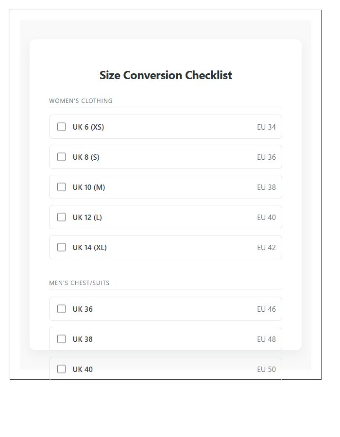 UK To European Clothing Size Conversion Chart Checklist
