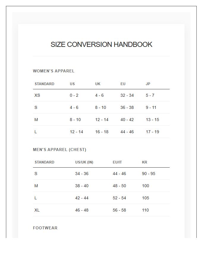 Universal Clothing Size Conversion Chart Printable Handbook