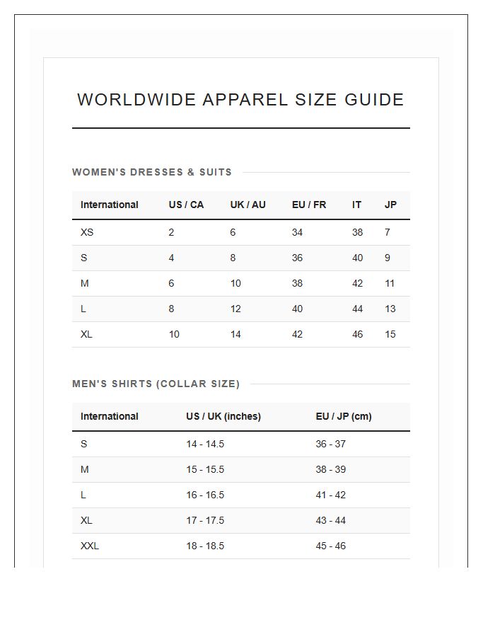 Worldwide Apparel Size Conversion Chart Printable Reference