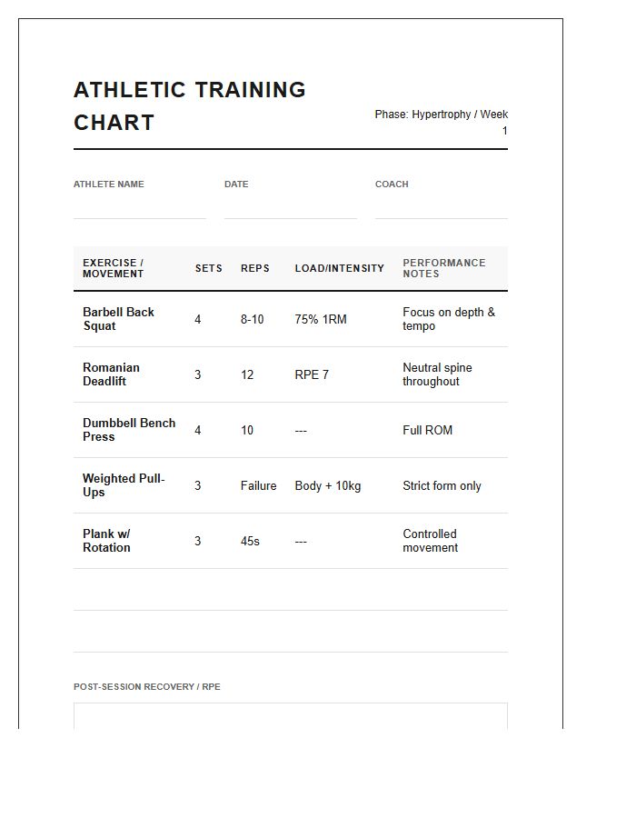 Printable Athletic Training Exercise Chart