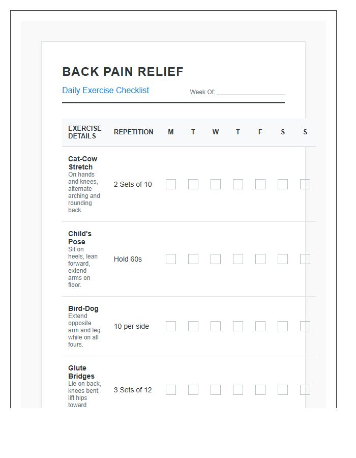 Printable Back Pain Relief Exercise Checklist Chart