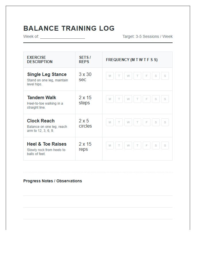 Printable Balance Training Exercise Frequency Chart
