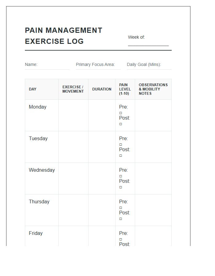 Printable Chronic Pain Management Exercise Chart