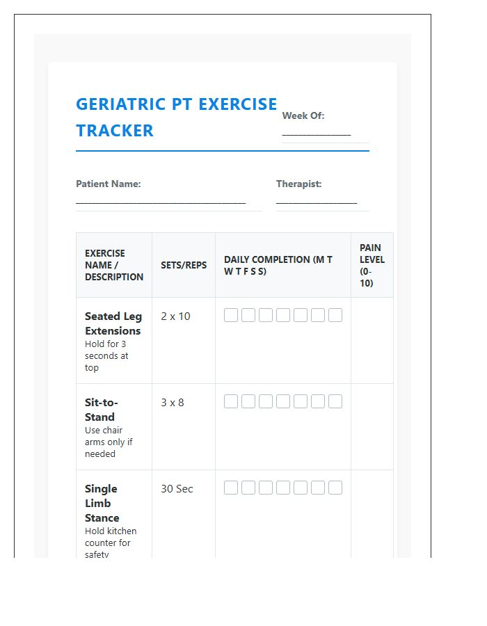 Printable Geriatric Physical Therapy Exercise Tracking Chart
