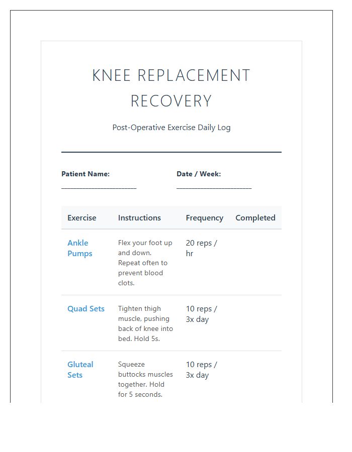 Printable Knee Replacement Rehabilitation Exercise Chart