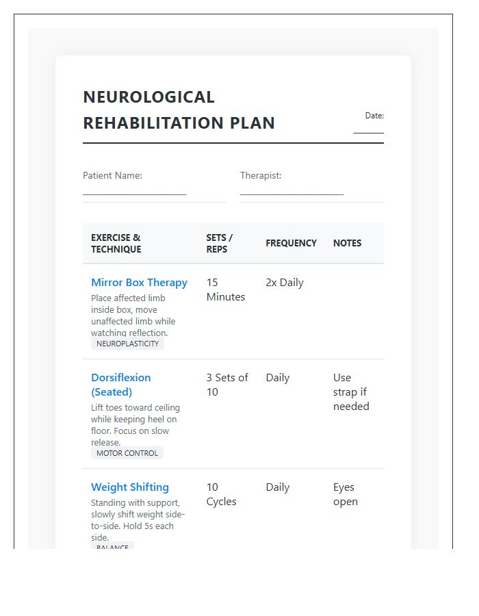 Printable Neurological Rehabilitation Exercise Chart