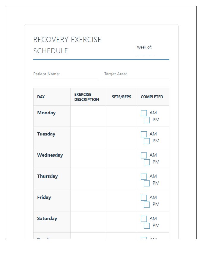 Printable Orthopedic Recovery Exercise Schedule Chart
