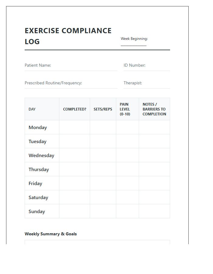 Printable Patient Exercise Compliance Monitoring Chart