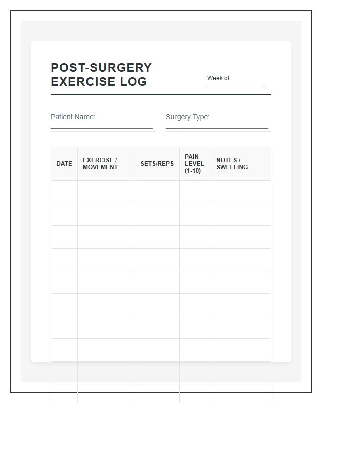 Printable Post Surgery Exercise Log Chart