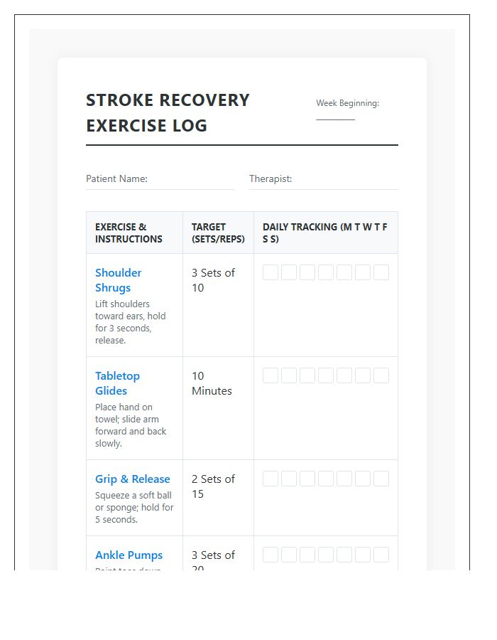 Printable Stroke Recovery Movement Exercise Chart