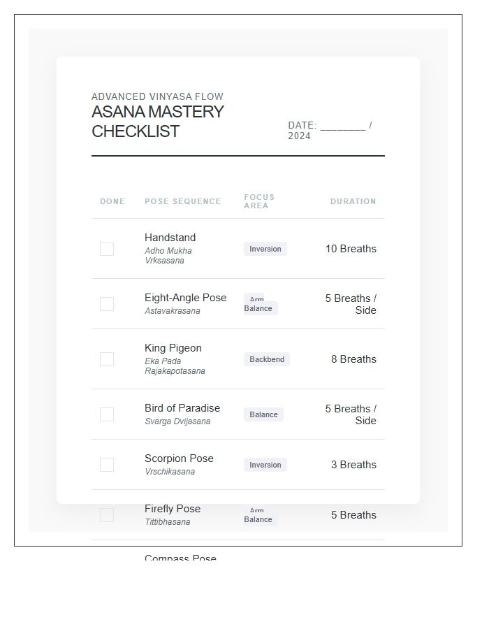 Advanced Yoga Pose Sequence Checklist Chart Printable