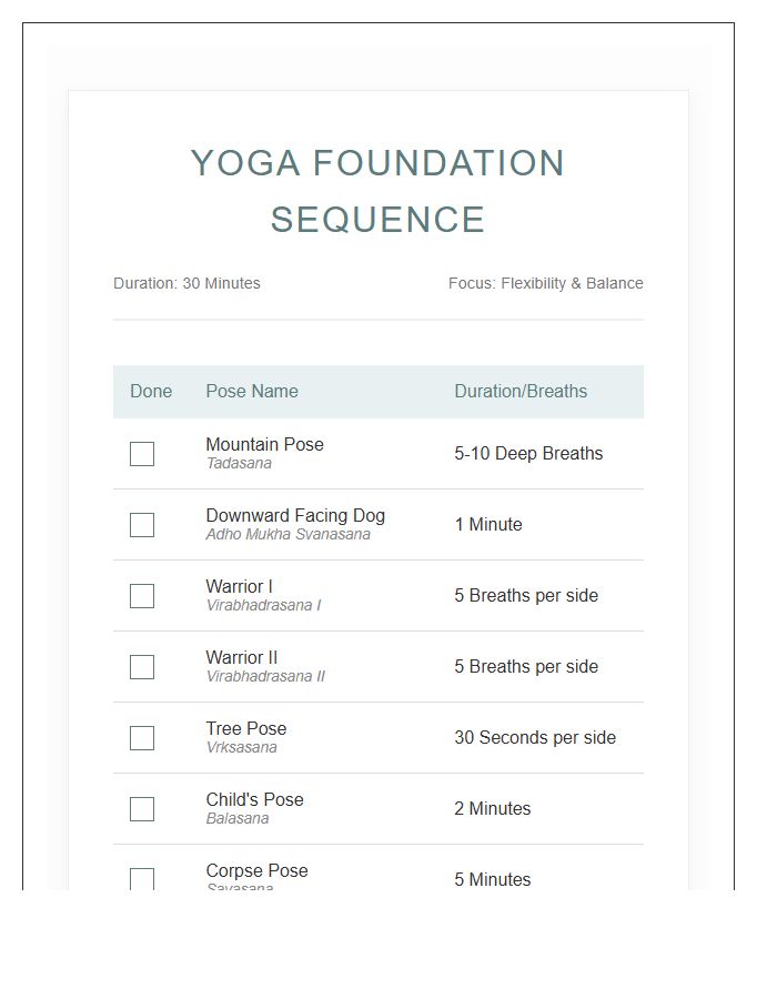 Beginner Yoga Pose Sequence Checklist Printable Chart