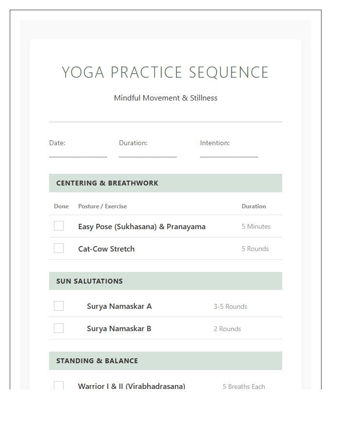 Home Yoga Practice Sequence Checklist Printable Chart