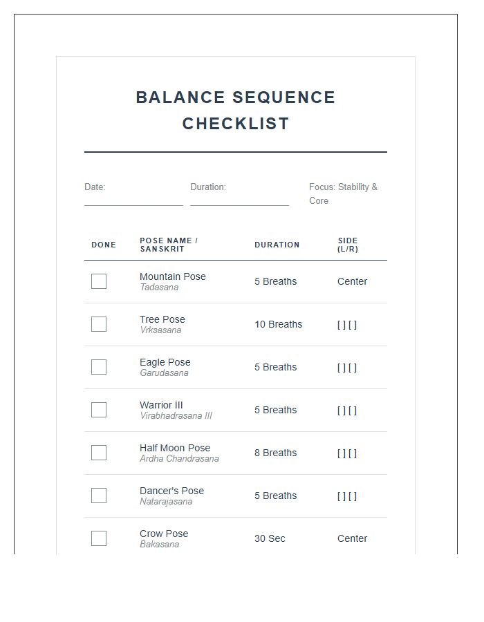 Printable Balance Yoga Pose Sequence Checklist Chart