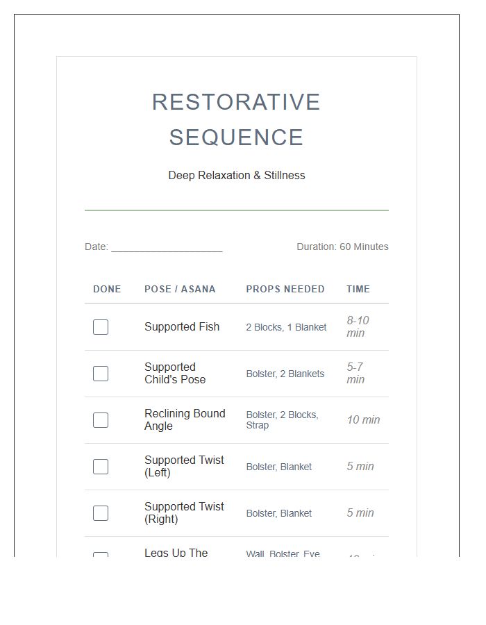 Restorative Yoga Pose Sequence Checklist Chart Printable